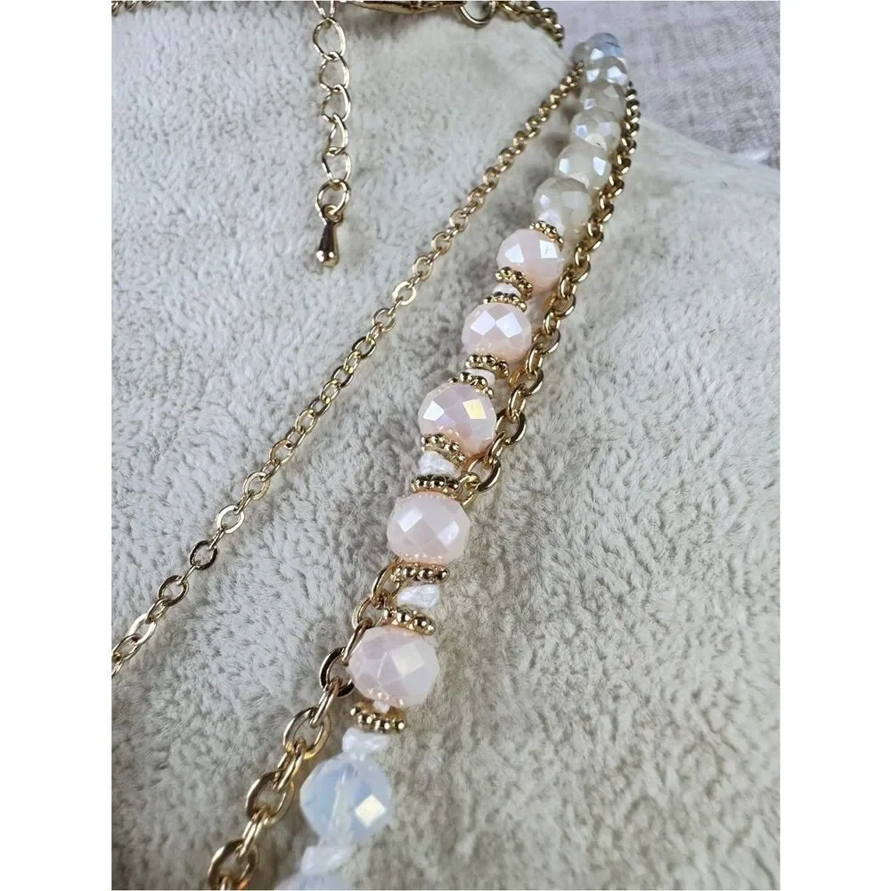 Gold-Tone Layered Necklace with Pink Beads and White Marbled Teardrop Pendant